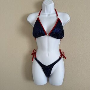 NWOT Angel Competition Bikinis Navy Blue Metallic Practice Posing Suit Set